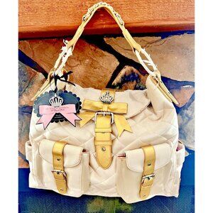 My Flat In London XL Messenger Shoulder Travel Bag In Ivory Satin With Gold